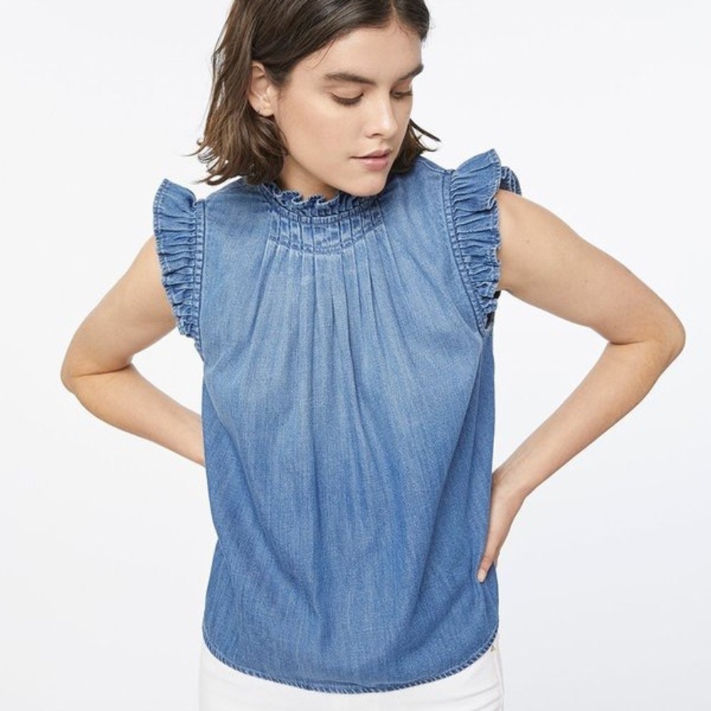 Frame Ruffle Denim Sleeveless Top - Sz S